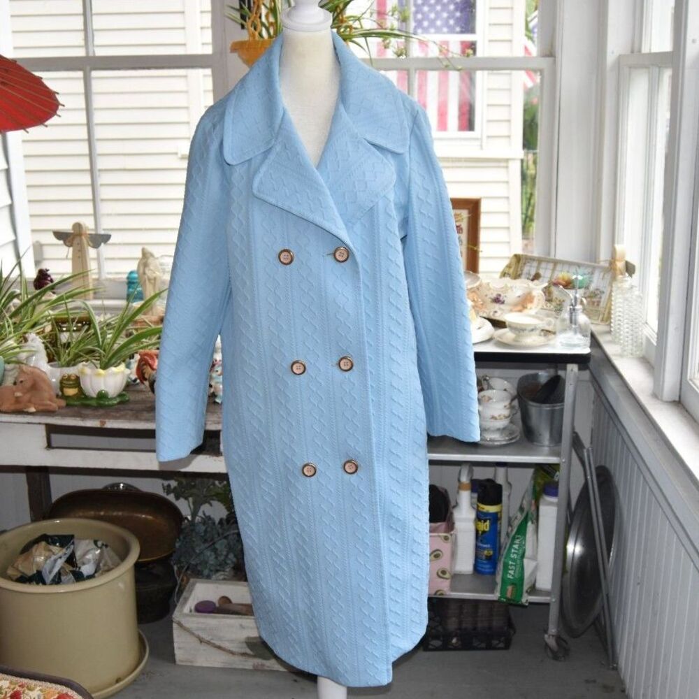 Vintage 1960s Blue Textured Knit Coat Double Breasted Mod Large